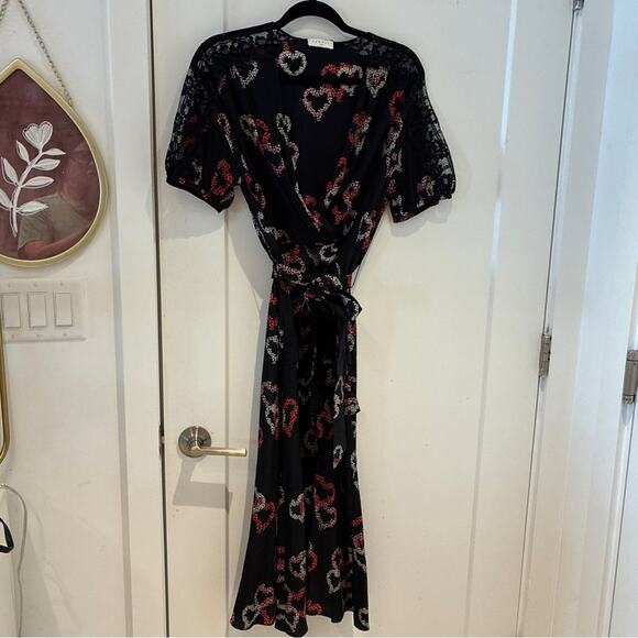 Sandro Black 100% Silk Floral Heart Print Midi Dress Small - Picture 2 of 14